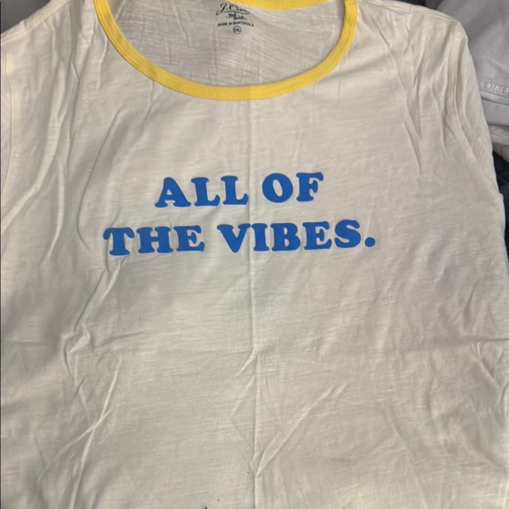 J. Crew White and Yellow Short Sleeve Tee with Blue Text